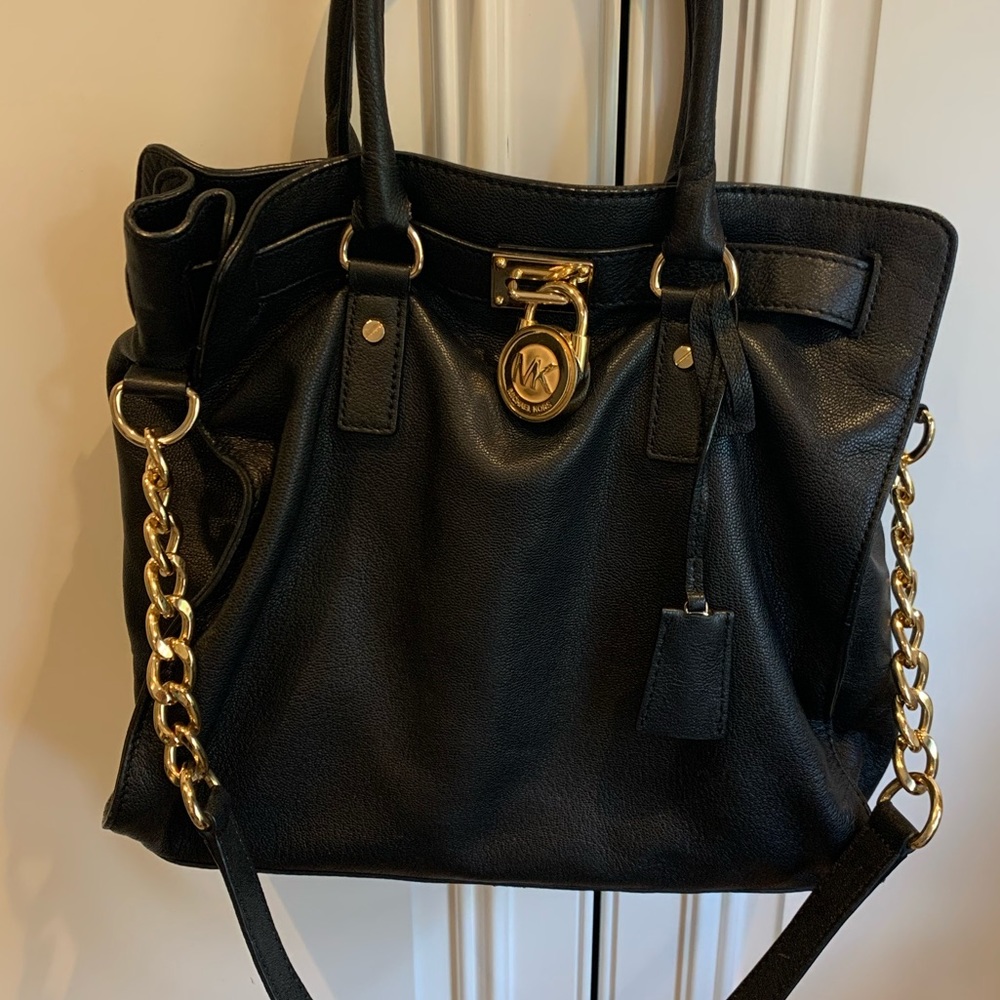 Michael Kors Black Leather Hamilton Gold Chain Bag